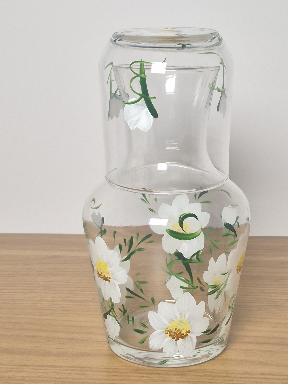 Vintage Hand Painted Bedside Water Carafe Tumble Up Set White Floral Daisy